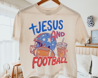 Comfort Colors® Jesus and Football Crop Shirt, Trendy Christian Football Game Doodle Shirt, Jesus Faith Game Tee, Football Mom Shirt