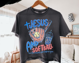 Comfort Colors® Jesus and Softball Crop Shirt, Trendy Christian Softball Game Doodle Shirt, Jesus Faith Game Tee, Softball Mom Shirt