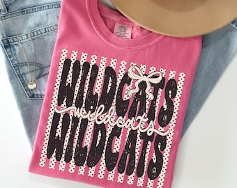 Comfort Colors® Wildcats Shirt, Polka Dot Preppy Stripes Wildcats T-shirt, Wildcats Game Day Shirt, Wildcat Mascot Tee, Coquette Wildcats