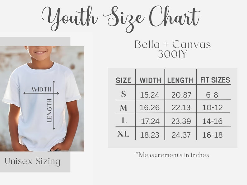 Pu&ograve; includere: Tabella delle taglie per t-shirt Bella + Canvas 3001Y per bambini. La tabella mostra le misure di larghezza e lunghezza in pollici per le taglie S, M, L e XL, insieme alle taglie di vestibilit&agrave; corrispondenti per le et&agrave; 6-8, 10-12, 14-16 e 16-18.