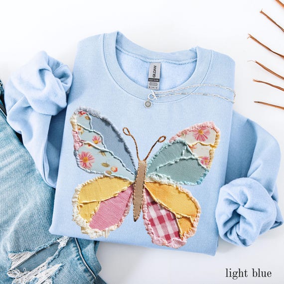Faux Patchwork Butterfly Sweatshirt, Spring Shirts for Women, Womens Spring Crewneck, Floral Spring Patchwork, Gifts for Her