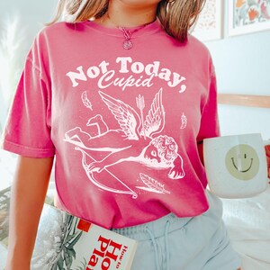 May include: Pink t-shirt with a white graphic of a winged cupid with an arrow and the text "Not Today, Cupid".