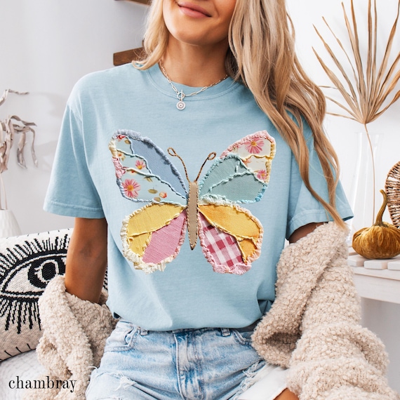 Comfort Colors® Faux Patchwork Butterfly Shirt, Spring Butterfly Shirts, Easter Shirts for Women, Floral Spring Patchwork, Gifts for Her