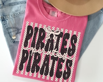 Comfort Colors® Pirates Shirt, Polka Dot Preppy Stripes Pirates T-shirt, Pirates Game Day Shirt, Pirate Mascot Tee, Coquette Pirates Tshirt