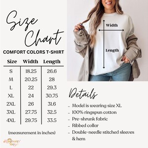 May include: Size chart for a t-shirt with measurements in inches for width and length. Sizes range from S to 4XL. Details include: 100% ringspun cotton, pre-shrunk fabric, ribbed collar, double-needle stitched sleeves and hem.