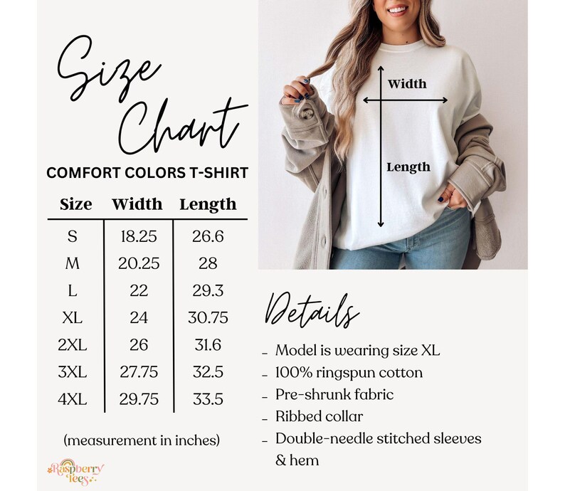 May include: Size chart for a t-shirt with measurements in inches for width and length. Sizes range from S to 4XL. Details include: 100% ringspun cotton, pre-shrunk fabric, ribbed collar, double-needle stitched sleeves and hem.