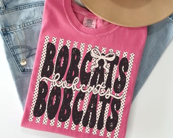 Comfort Colors® Bobcats Shirt, Polka Dot Preppy Stripes Bobcats T-shirt, Bobcats Game Day Shirt, Bobcat Mascot Tee, Coquette Bobcats Tee
