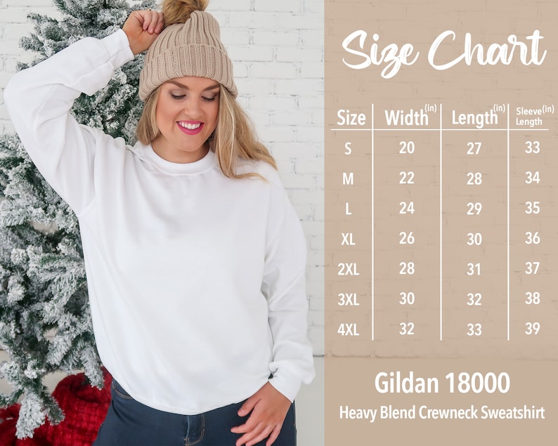 May include: Size chart for a Gildan 18000 Heavy Blend Crewneck Sweatshirt. The chart shows the width, length, and sleeve length in inches for sizes S through 4XL.