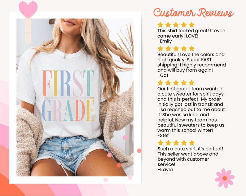May include: A white short-sleeved t-shirt featuring the text FIRST GRADE printed in large, multicolored pastel letters. The shirt is worn with blue denim shorts and a beige textured cardigan. The image includes a section titled Customer Reviews.