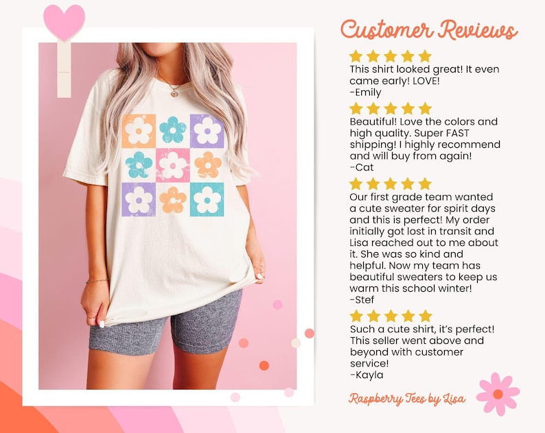May include: A white t-shirt with a colorful floral pattern. The shirt has a crew neck and short sleeves. The floral pattern is made up of nine squares, each with a different colored flower. The flowers are in shades of pink, blue, orange, and yellow. The shirt is being worn by a person, but the person's face is not visible. The image also includes customer reviews with five-star ratings.