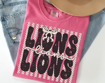 Comfort Colors® Lions Shirt, Polka Dot Preppy Stripes Lions T-shirt, Lions Game Day Shirt, Lion Mascot Tee, Coquette Lions Tshirt