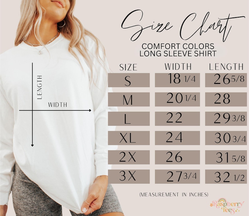 May include: Size chart for a long-sleeve shirt with measurements in inches. The chart shows the width and length of the shirt in sizes S, M, L, XL, 2X, and 3X.