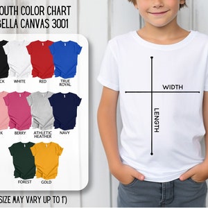 Pu&ograve; includere: Tabella colori per t-shirt Bella Canvas 3001 per bambini. La tabella mostra 10 colori diversi: nero, bianco, rosso, blu royal, rosa, bacca, grigio melange, blu navy, bosco e oro. La tabella include anche un diagramma che mostra le misure di larghezza e lunghezza delle t-shirt.