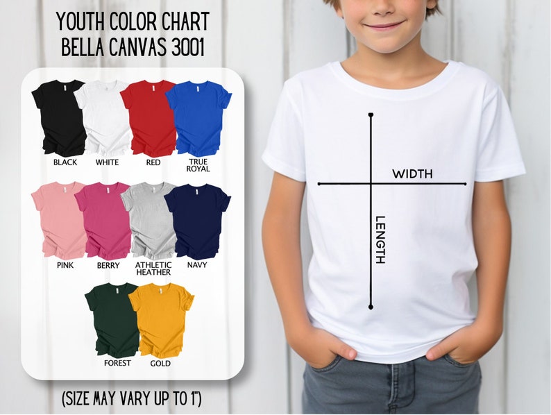 Pu&ograve; includere: Tabella colori per t-shirt Bella Canvas 3001 per bambini. La tabella mostra 10 colori diversi: nero, bianco, rosso, blu royal, rosa, bacca, grigio melange, blu navy, bosco e oro. La tabella include anche un diagramma che mostra le misure di larghezza e lunghezza delle t-shirt.
