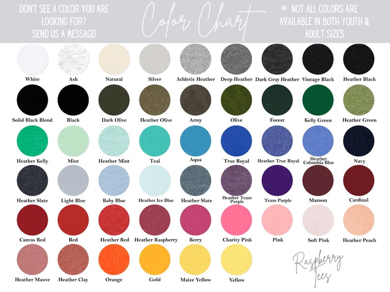 Pu&ograve; includere: Tabella colori che mostra una variet&agrave; di colori di magliette, tra cui bianco, nero, rosso, blu, verde e molte tonalit&agrave; di melange. La tabella &egrave; etichettata "Color Chart" e include il testo "* NOT ALL COLORS ARE AVAILABLE IN BOTH YOUTH & ADULT SIZES".