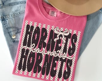 Comfort Colors® Hornets Shirt, Polka Dot Preppy Stripes Hornets T-shirt, Hornets Game Day Shirt, Hornet Mascot Tee, Coquette Hornets Tshirt