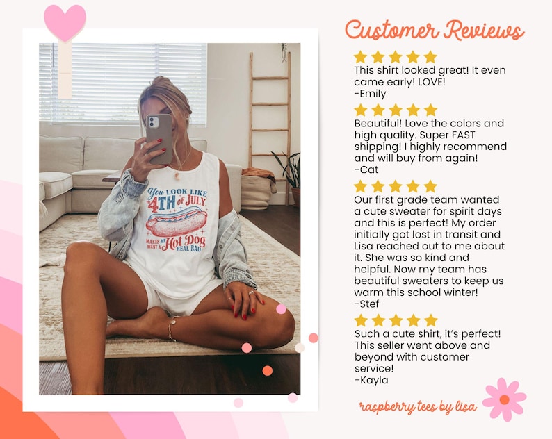 Puede incluir: Camiseta sin mangas blanca con un gr&aacute;fico que dice "You look like 4th of July makes me want a hot dog real bad." La imagen tambi&eacute;n incluye rese&ntilde;as de clientes y el nombre del vendedor.