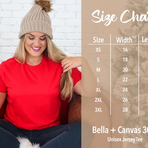 May include: Size chart for a unisex jersey tee, showing width and length measurements in inches for sizes XS to 3XL. The chart is on a brown background with the text "Bella + Canvas 3001" and "Unisex Jersey Tee" below the chart.
