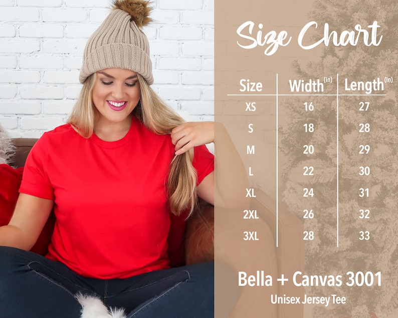 May include: Size chart for a unisex jersey tee, showing width and length measurements in inches for sizes XS to 3XL. The chart is on a brown background with the text "Bella + Canvas 3001" and "Unisex Jersey Tee" below the chart.