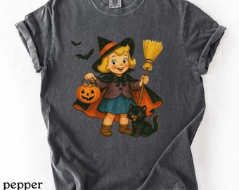 Comfort Colors® Vintage Halloween Shirt, Cute Retro Halloween Shirt for Women, Jack-o-lantern Bats Black Cat T-shirt, Trick-or-treat Graphic