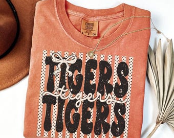 Comfort Colors® Tigers Shirt, Polka Dot Preppy Stripes Tigers T-shirt, Tigers Game Day Shirt, Tigers Mascot Tee, Coquette Tigers Tshirt