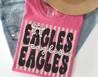 Comfort Colors® Eagles Shirt, Polka Dot Preppy Stripes Eagles T-shirt, Eagles Game Day Shirt, Eagle Mascot Tee, Coquette Eagles Tshirt