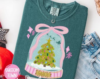 Personalized Snow Globe Hometown Christmas Shirt, Comfort Colors® Custom Christmas Small Town Tee, Preppy Bow Christmas Shirt for Women