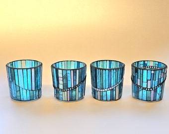 Set of 3 blue mosaic glass tealight holders, lantern set