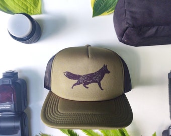 Outdoor Fox  Green Hat, Best gift , Hiking Fox Hat, Trucker hat, Green Olive Hat, summer gift