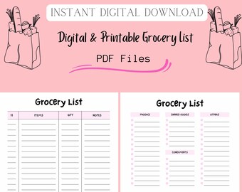 Digital Groceries List, Printable Grocery List, Shopping List, Instant Download PDF File, Food Tracker List, Grocery List Template