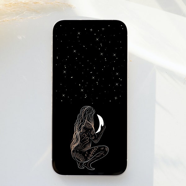 Moon Goddess Phone Wallpaper, Aesthetic Feminine Wallpaper, Witchy Digital Downloads, Celestial Phone Wallpaper, Mystical Phone Wallpaper