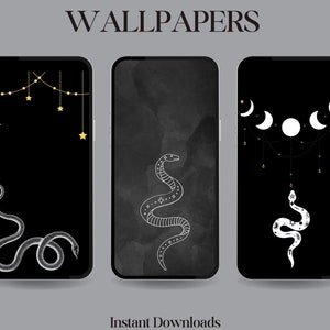 May include: Three digital phone wallpapers with a black background. The first wallpaper features a white snake with gold stars and a chain hanging from the top. The second wallpaper features a white snake with a black and white watercolor background. The third wallpaper features a white snake with a white moon and crescent moon hanging from the top.