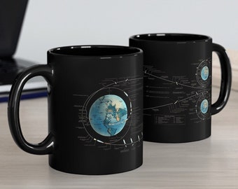 Apollo Mission NASA Flight Plan Black Mug, Earth and Moon Illustrations and Trajectory Diagram 1967