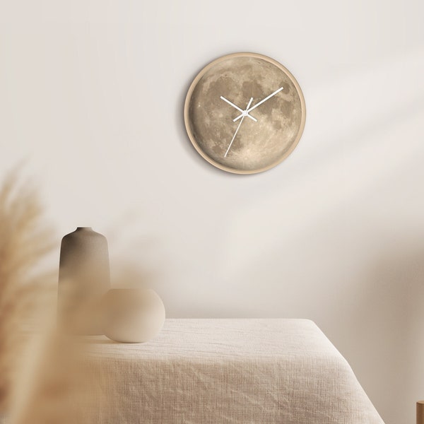 Silent Full Moon Wooden Wall Clock | Boho Aesthetic Minimal Clock | Cozy Lunar Wall Decor for Bedroom, Dorm, Kids Playroom, Baby Nursery