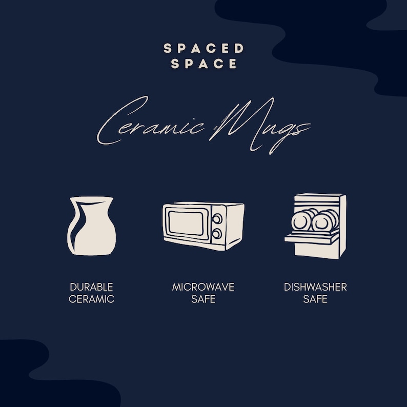 May include: White ceramic mug with a black outline. The mug is labeled "Durable Ceramic", "Microwave Safe", and "Dishwasher Safe".