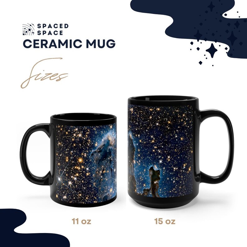 May include: Two black ceramic mugs with a space-themed design. The smaller mug is 11 ounces and the larger mug is 15 ounces.