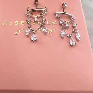 Dangling Tears Drop Solitaire and Marquise Stud Earrings with Chain, Diamond Drape Chandelier Threaded Stud Earring, 925 Solid Silver Single