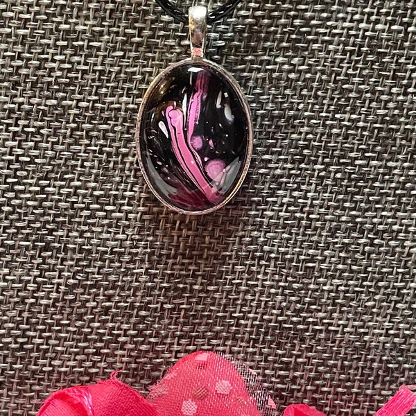 Pink Pendant,Black and White, Acrylic Paint Pour Pendant,One of a Kind, Abstract Art Jewelry,Black Pendant,Handmade Necklace,Acrylic Jewelry