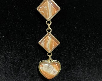 Unique Multi-Link Necklace, Caramel & White Heart and Diamond Shaped Pendants, One-of-a-Kind Jewelry, Acrylic Paint Necklace