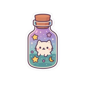 Kawaii Cat in Bottle Sticker: Pastel Vinyl Die Cut, Waterproof