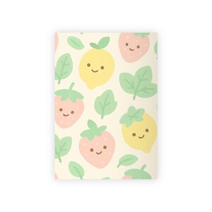 Gift Wrapping Paper Rolls, Cute Smiley Fruits Cartoon Fruit Design - Lemons, Strawberries, Mint Leaves, Kawaii Faces, Butter Yellow, Mint