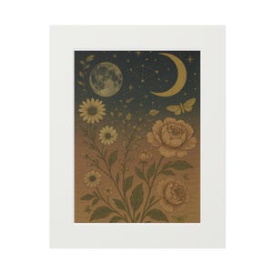 Arte de parede para impressão do Jardim Botânico Celestial. Estética vintage de lua e constelação floral, decoração de céu de meia-noite sonhador.