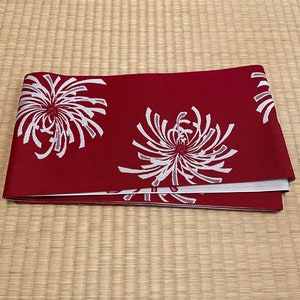 Japanese Traditional Kimono Obi Belt Chrysanthemum Red and Light Gray