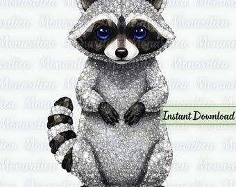 Faux Rhinestone Raccoon PNG, Jeweled Silver Baby Trash Panda Clipart Single, DTF Crystal Sublimation Design, Instant Digital Download