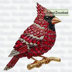 Könnte beinhalten: Ein mit Juwelen besetztes Kardinalvogel-Figürchen, hauptsächlich rot mit schwarzen und goldenen Akzenten, auf einem goldenen Ast sitzend. Der Körper des Vogels ist mit roten Edelsteinen bedeckt, mit weißen Edelsteinen, die die Flügel umranden.