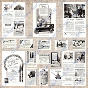 Antike Werbung 1920er Jahre Sammlung von Schwarz & Weiß Assorted Food Auto Home Reise etc. Download druckbare digitale Ephemera Ads Kit #2