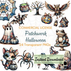 May include: A collection of patchwork Halloween-themed digital clip art. Includes a ghost, owl, cat, spider, pumpkin, and other spooky elements. The text reads "Patchwork Halloween" and "Instant Download".