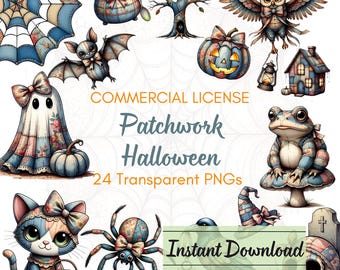 Patchwork Halloween-clipartbundel: 24 gewatteerde spookachtige png-bestanden voor scrapbooking en sublimatie