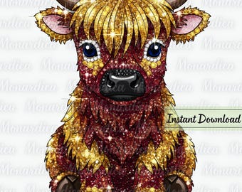 Faux strass hooglandkoe PNG, juwelen baby kalf clipart single, DTF kristal sublimatie ontwerp, instant digitale download