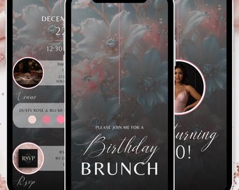 Puede incluir: Invitación en vídeo animada en pantalla de smartphone. La invitación presenta un fondo floral con el texto "Birthday Brunch". La combinación de colores incluye tonos rosa empolvado y rubor. El botón RSVP es visible.
